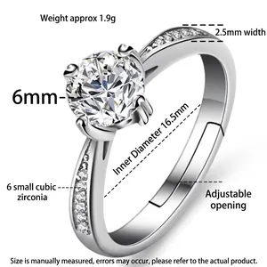 Classic 925 sterling silver six-prong ring with a 6mm round cubic zirconia stone