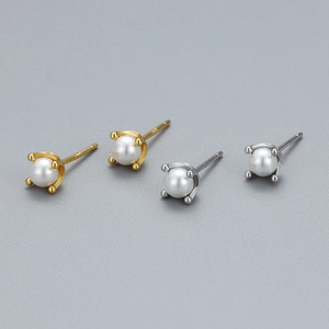 Artificial Pearl Stud Earrings Four Claw Setting Minimalist Sweet Jewelry With 925 Sterling Silver Earring Post For Women