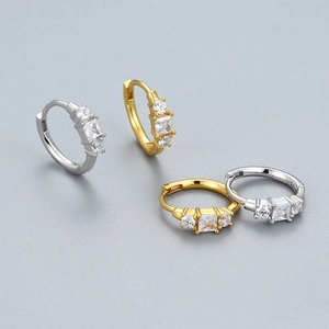 S925 sterling silver hoop earrings with geometric square zircons in gold and silver