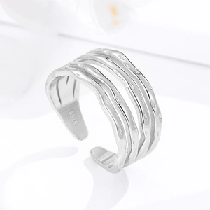Anello aperto multistrato in argento sterling S925 martellato irregolare stile chic