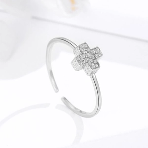 Minimalist 925 sterling silver cross open ring with sparkling pavé cubic zirconia