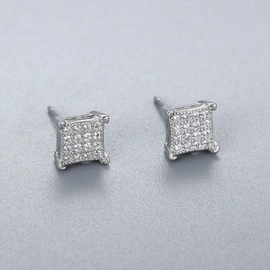 Elegant S925 sterling silver square stud earrings with pave-set shimmering zircon stones