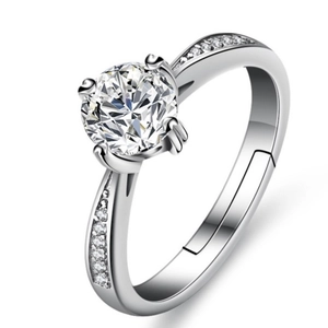 925 Sterling Silver Zirconia Ring For Women Adjustable Open Design Four Claw Round CZ Minimalist Sweet Style Jewelry Gift
