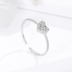 Sparkling silver heart open ring with micro-pave cubic zirconia on white background