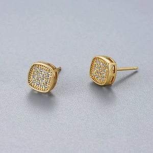 S925 sterling silver square zircon stud earrings with gold plating and pavé setting