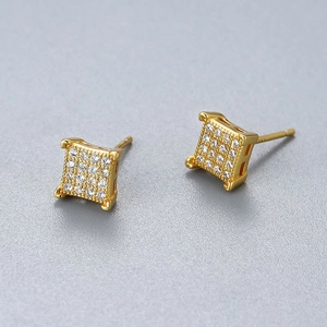 Square 18K gold-plated S925 sterling silver stud earrings with pavé set zircon stones
