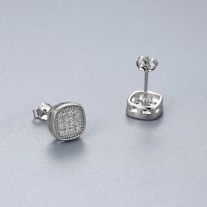 S925 sterling silver square stud earrings with pave-set cubic zirconia crystals