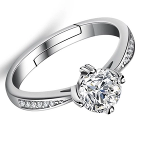 Adjustable 925 sterling silver ring with a sparkling 6mm round zircon and side accents