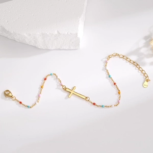 S925 sterling silver gold plated bracelet with colorful beads and cross pendant