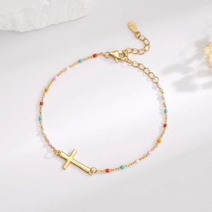 Minimalist S925 sterling silver cross bracelet with colorful enamel beads on gold chain