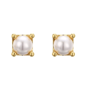 Elegant S925 silver stud earrings featuring white pearls and golden four-claw settings