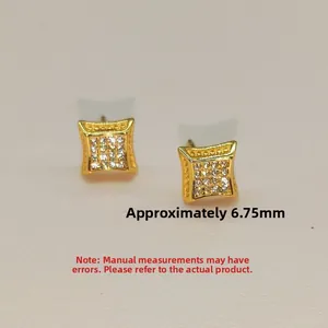 Detail shot of 6.75mm square gold earrings with micro-pave crystals and S925 silver base