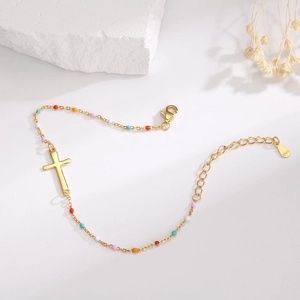 Minimalist S925 sterling silver chain bracelet with colorful beads and cross pendant