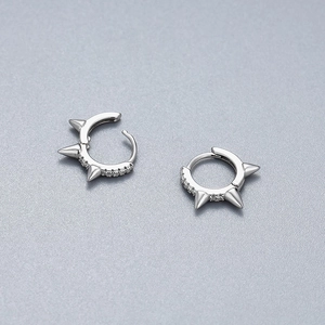 Punk style S925 sterling silver hoop earrings with metal spikes and zircon stones