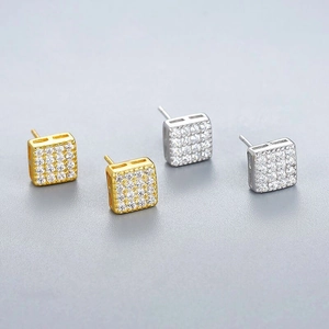 Square sterling silver stud earrings with pave-set cubic zirconia in gold and silver