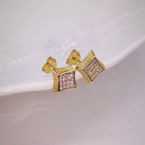 S925 sterling silver gold plated square stud earrings with pave set zircon stones