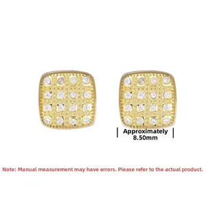 Macro shot of 8.5mm square geometric stud earrings with pavé zircons and gold plating