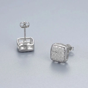 Elegant S925 silver square stud earrings with micro-paved cubic zirconia gems