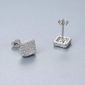 Square S925 sterling silver stud earrings with pavé zircon stones and hammered texture