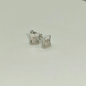 Macro shot of S925 silver square stud earrings with pavé cubic zirconia settings