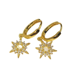 Elegant s925 gold hoop earrings with starburst pendant and opal stone inlay