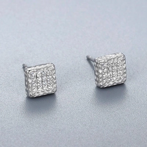 Square S925 sterling silver stud earrings with zircon inlay and hammered edge
