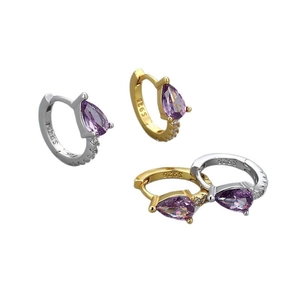 Boucles d'oreilles créoles S925 argent avec cristaux goutte violets en finitions or et argent
