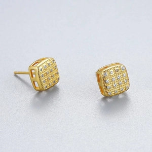 Golden square grid stud earrings with micro-set zircon stones on matte background