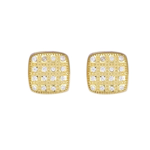 Macro detail of gold square stud earrings with 16 sparkling micro-pave cubic zirconia stones