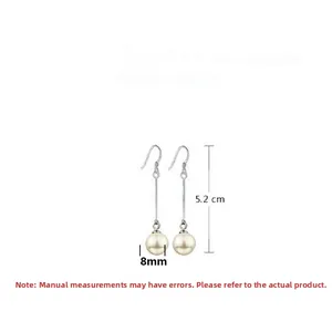 Detail view of 8mm pearl earrings with silver long chain hooks measuring 5.2cm in length