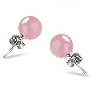 Elegant S925 sterling silver stud earrings featuring round pink quartz crystal gemstone beads