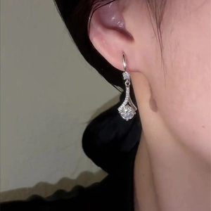 Elegant S925 sterling silver drop earrings with round zircon stones on female model