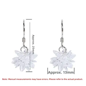 Detailed size view of silver flower earrings with clear crystals measuring 25mm by 13mm