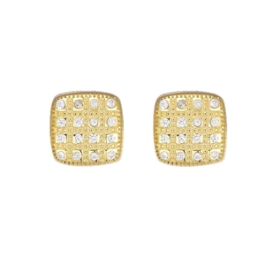 Golden square micro-pave zircon stud earrings with embossed grid design on white background
