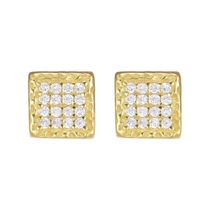 Square S925 silver gold studs with 4x4 matrix of 16 sparkling zircons and textured edges