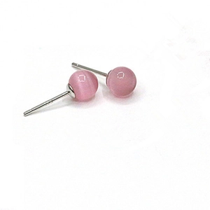 Minimalist S925 sterling silver stud earrings with pink cat eye stone beads on white background