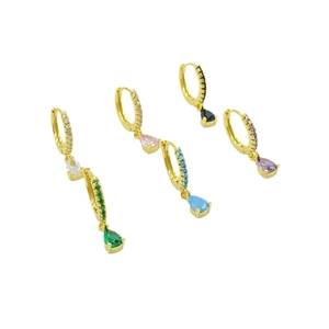 Set of six gold plated S925 silver hoop earrings with colorful teardrop zircon pendants
