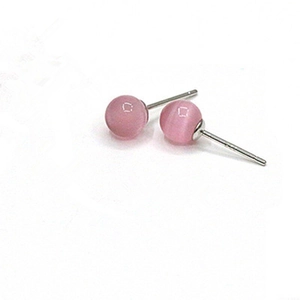 Elegant 925 Sterling Silver Pink Artificial Cat Eye Stone Round Ball Stud Earrings For Women Simple Classic Jewelry Gift