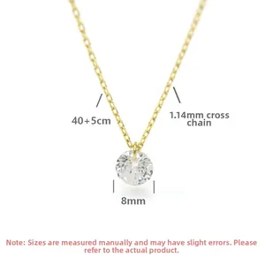 Close-up of S925 silver single diamond necklace with 40+5cm cross chain and 8mm zircon