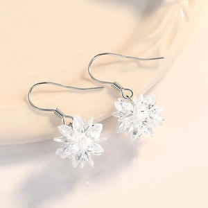 Macro view of S925 sterling silver ice flower earrings with transparent crystal pendants
