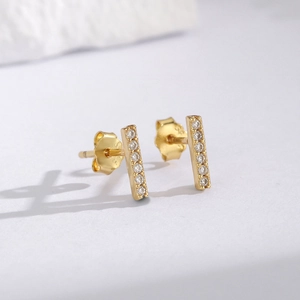 Elegant 925 sterling silver gold-plated bar stud earrings with sparkling round cubic zirconia