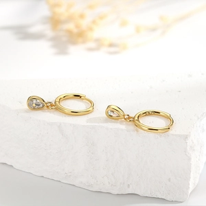 Elegant gold-plated S925 sterling silver hoop earrings with pear-cut zircon pendants