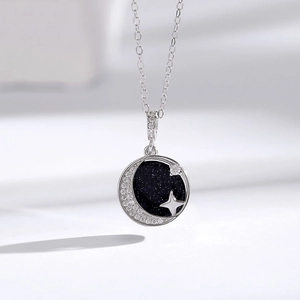 S925 Sterling Silver Moon Star Pendant Necklace For Women Blue Sandstone Inlaid Rhinestone Clavicle Chain Jewelry Gift