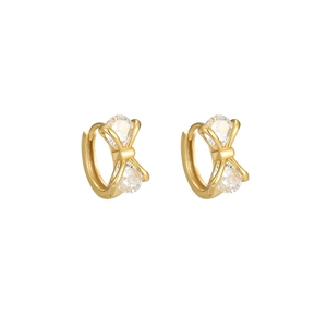 Elegant gold bow earrings with sparkling round crystals and a secure hoop clasp design