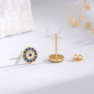 S925 sterling silver evil eye stud earrings with blue cubic zirconia and gold plating