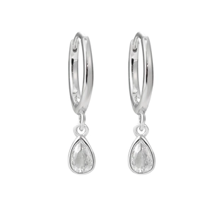 Elegant S925 sterling silver hoop earrings with pear-shaped clear zircon pendants