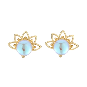 Elegant gold moonstone sunflower stud earrings with light blue iridescent gemstones