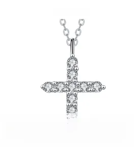 Detailed view of S925 silver cross pendant necklace with round sparkling zircon stones