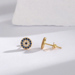Elegant s925 silver evil eye stud earrings with blue cubic zirconia in 18k gold plating