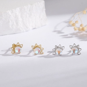 925 Sterling Silver Moonstone Lotus Flower Stud Earrings For Women Asymmetric Sun Flower Minimalist Dainty Jewelry